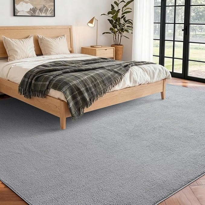 FinRèc 5x7 Washable Area Rugs for Bedroom Living Room, Low Pile Thin Rug Solid Color, Non-Slip Carpet Indoor for Home Decor (Pure Light Grey)