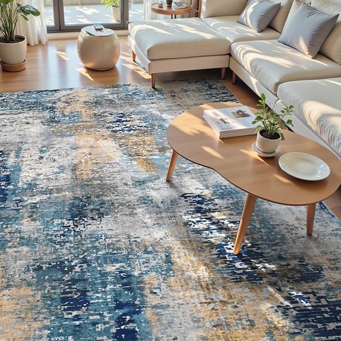Living Room Rug 7x10 Ultramarine Area Rugs Machine Washable Abstract Boho Large Rug Non-Slip Non-Shedding Faux Wool Indoor Vintage Carpet for Bedroom, Classroom, Dining Room, Kids Playroom