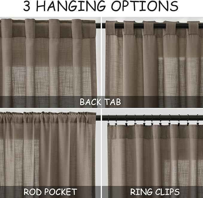 Nanspring Dark Taupe Linen Sheer Curtains 54 Inch Length 2 Panel Set Back Tab Rod Pocket Semi Sheer Light Filtering Short Curtain Soft Elegant Aesthetic Small Window Drapes for Bathroom 52x54