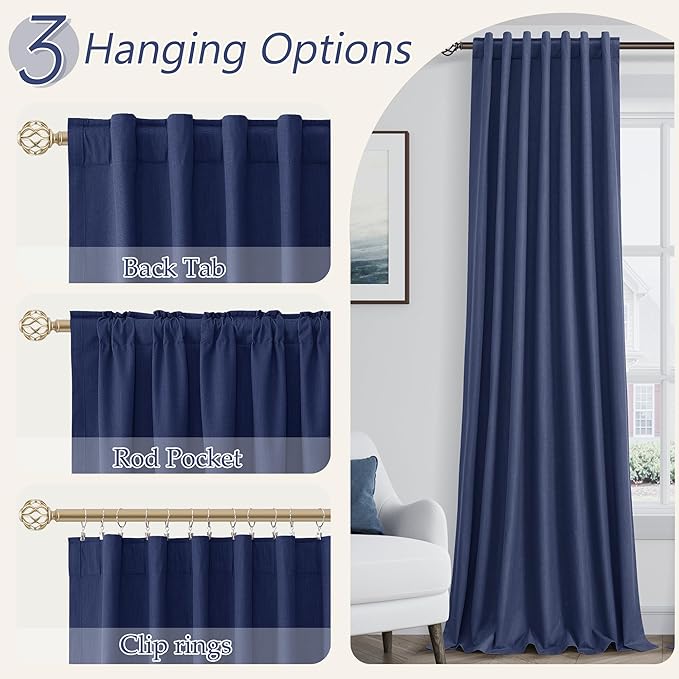 Guken 100% Blackout Curtains 108 Inch Length 2 Panels Set for Living Room Bedroom Back Tab Thermal Insulated Black Out Linen Drapes Room Darkening Window Curtains 108 Inches Long,Classic Blue