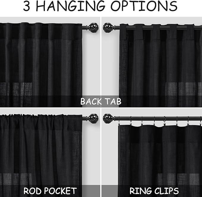 Nanspring Linen Kitchen Curtains 30 Inches Long Black Semi Sheer Short Curtains Back Tab Rod Pocket Solid Privacy Cafe Tier Curtain for Cafe Bathroom Basement 36x30,2 Panels