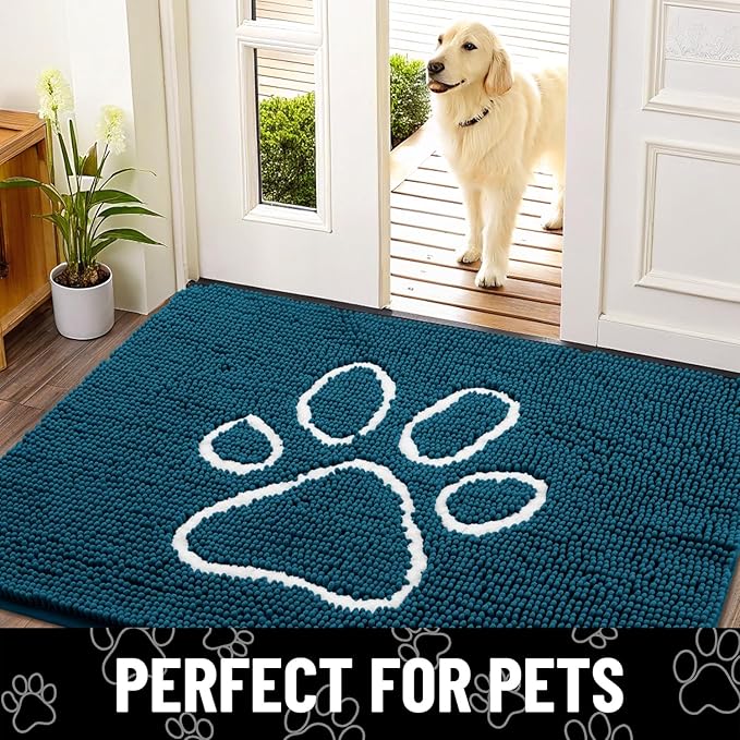 Smiry Dog Door Mat for Muddy Paws, Absorbent Dirt Trapper Non Slip Quick Dry Washable Chenille Mat for Mud Dogs, Entry Rug for Indoor and Outdoor (59x35 Inches, Atlantic Blue and White)