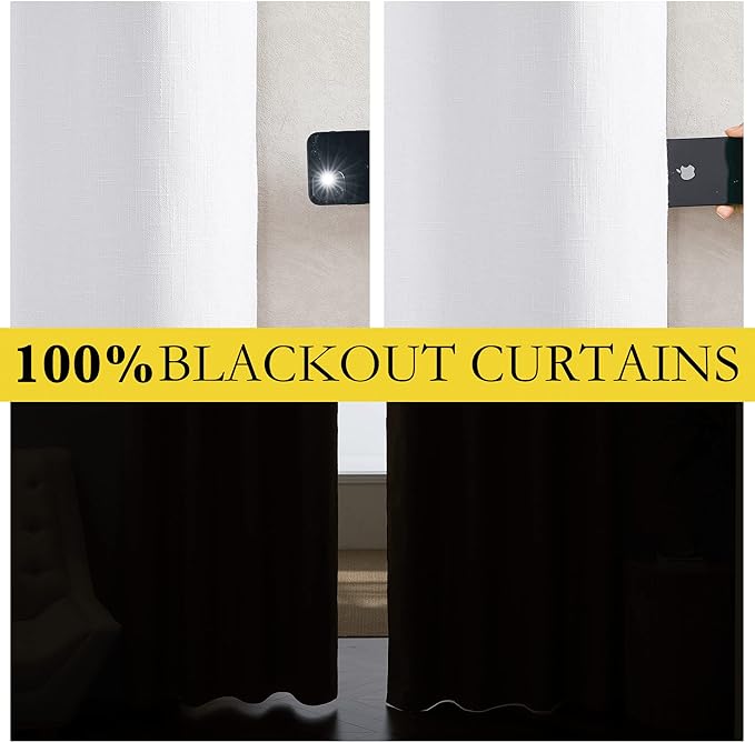 NICETOWN 100% Absolutely Blackout Linen Curtains with Thermal Insulated White Liner, White, 52 inches Wide, 120 inches Length Energy Saving Curtains for Living Room 2 Panels Set, Vertical Blinds