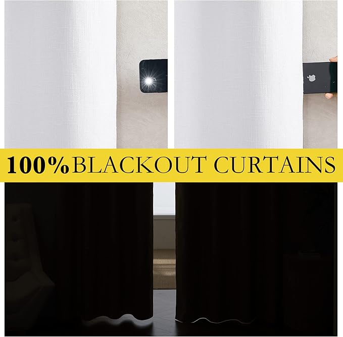 NICETOWN 100% Absolutely Blackout Linen Curtains with Thermal Insulated White Liner, White, 34 inches Wide, 90 inches Length Energy Saving Curtains for Living Room 2 Panels Set, Vertical Blinds