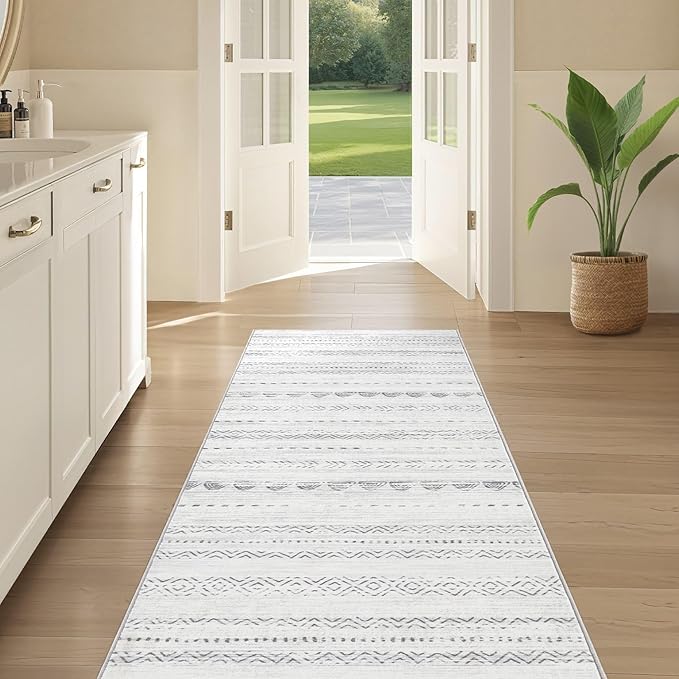 Nakagishi Runner Rug Kitchen Washable Rugs: 2x6 Non-Slip Boho Soft Modern Stain Resistant Indoor Floor Neutral Farmhouse Throw Carpet for Hallway Bathroom Laundry Room Entryway Bedroom- Gray