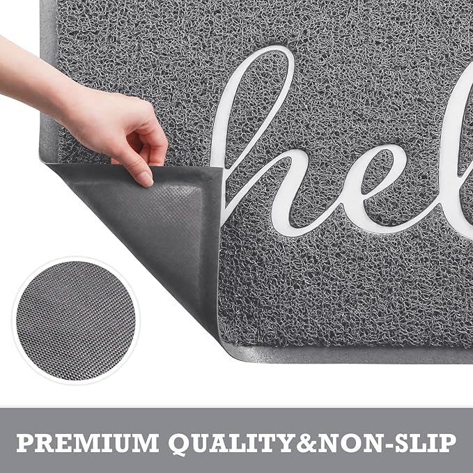 CozyBounty Door Mat Hello Mats Outdoor Indoor Non-Slip Doormat for Entryway Low-Profile Floor Mat for Yard, Garage, High Traffic Areas (30"x17.5", Grey)