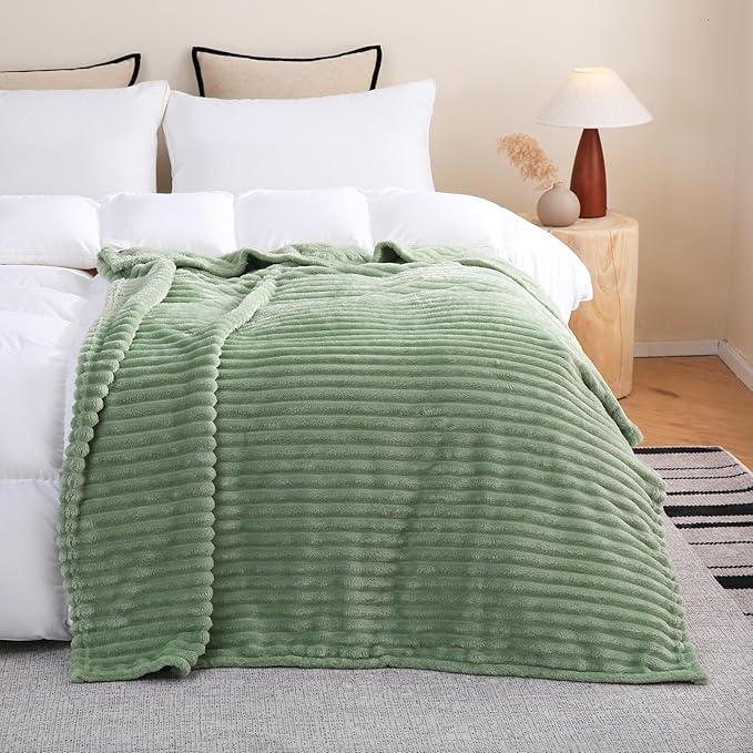 Sage Green Fleece Throw Blanket 50”×60” for Couch Sofa Bed,Super Soft Cozy Plush Microfiber Flannel Blanket with Stripes Design Lightweight for Adults,Woman,Girls