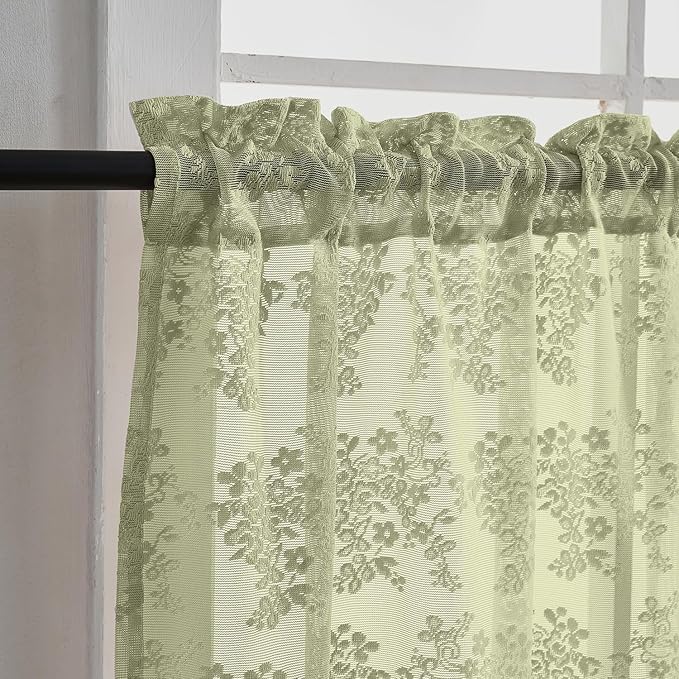 YJ YANJUN Vintage Lace Curtains 30 Inch Length-Victorian Floral Pattern Boho Sage Green Kitchen Window Curtains Over Sink Set of 2 Camper Window Privacy DrapesThat Let Light in Spring