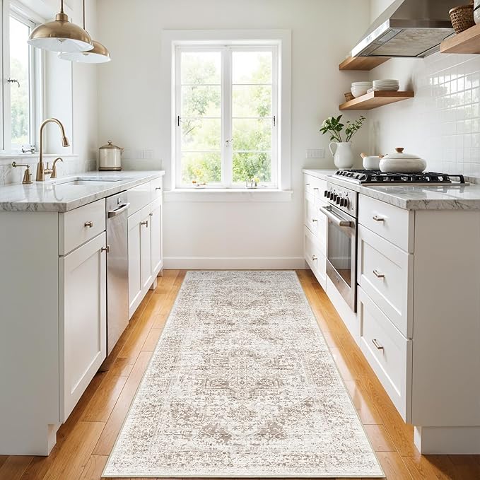 3x6 Washable Hallway Runner Rug - Non Slip Kitchen Runner Rugs with Rubber Backing Vintage Low-Pile Carpet Runners for Entryway Dining Room Laundry Room Home Decor (Cream/Camel)