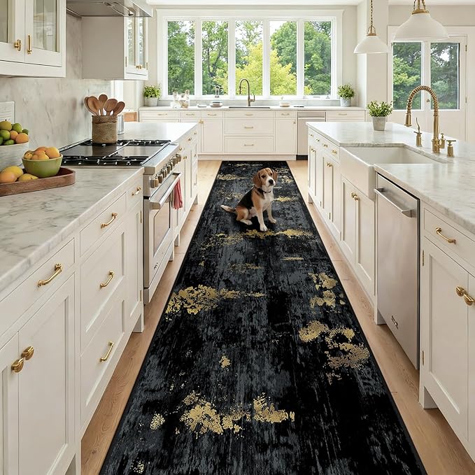 Washable Area Rugs 3x12 Non-Slip Modern Abstract Soft for Living Room Entryway Bedroom Nursery, Print Pattern, Dark Black Gold