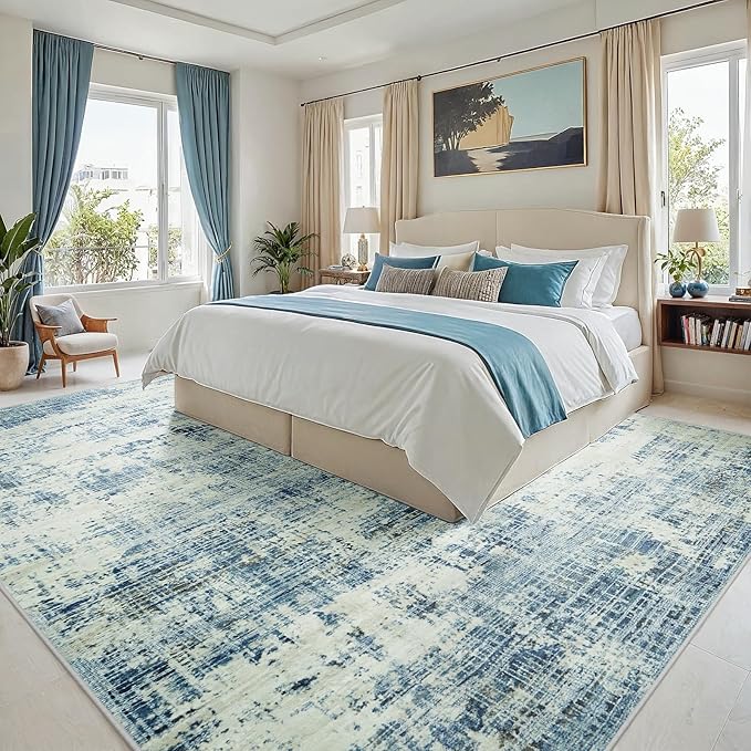 10x14 Area Rugs for Living Room Washable Rug: Anti-Skid Abstract Modern Living Room Rug Soft Thin Carpets Indoor Floor Non-Shedding Carpet for Bedroom Dining Farmhouse Nursery Blue Gray Gold