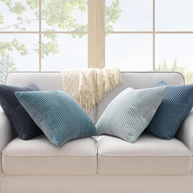 Topfinel Decorative Throw Pillow Covers Aque Teal Blue Gray Series,Summer Corduroy Striped Toss Pillows for Couch,Patio,Balcony,Children Bedroom,Modern Fluffy Blue Gradient Shams 20x20 Inch Set of 4