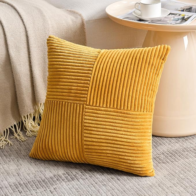Fancy Homi 2 Packs Gold Yellow Euro Decorative Throw Pillow Covers 26x26 Inch for Couch Bed Sofa, Rustic Farmhouse Boho Home Decor, Soft Corss Corduroy Patchwork Textured Square Cushion Case 66x66 cm