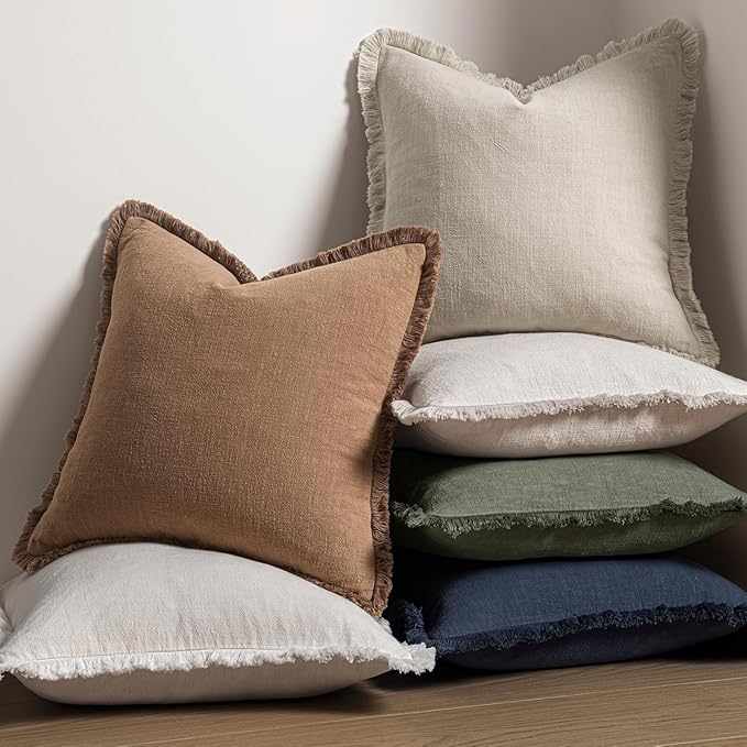 MIULEE Decorative Throw Pillow Covers Neutral Linen Fringe Throw Pillows Euro Shams Set of 2 Brown Boho Farmhouse Cushion Covers for Couch Sofa Bed Living Room Spring Home Decor 28x28 Inch