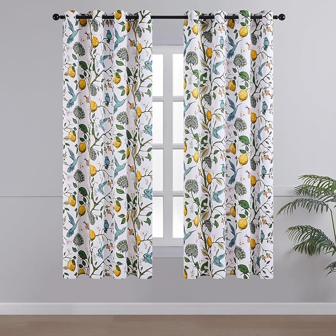 Topfinel 54 Inches Long Short White Blackout Curtains for Cafe Kitchen, Grommet Room Darkening Luxury Floral Lemon Hummingbird Patterned Waverly Colorful Drapes for Living Room Bedroom