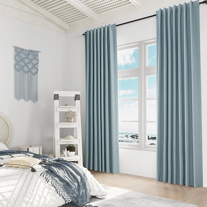 Guken Blue 100% Blackout Linen Curtains 120 Inch Length 2 Panels Set for Living Room Bedroom Back Tab Rod Pocket Thermal Insulated Black Out Drapes Room Darkening Farmhouse Window Curtains 52x120