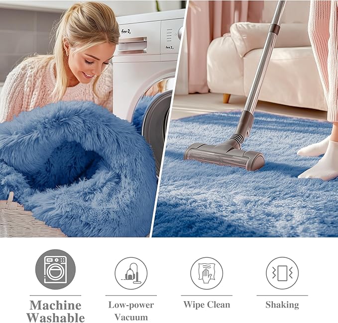 OLANLY Blue Round Rugs for Bedroom - Machine Washable, 2 ft Circle Area Rugs for Living Room, Soft and Fluffy Shaggy Carpet for Teen Girl and Boys, Nursery Rooms, Dorms, Home Decor Aesthetic