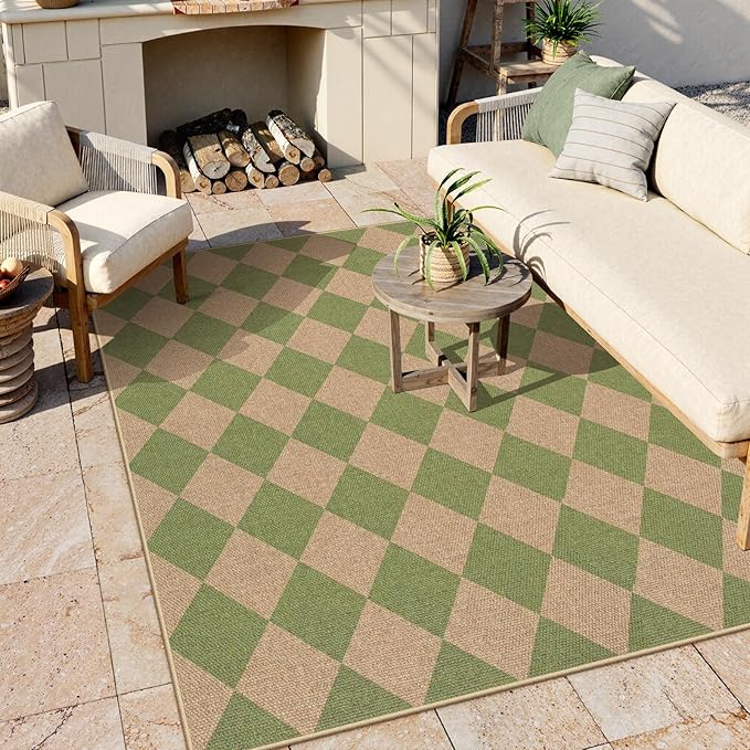 Lahome Colette Checkered Washable Rugs 5x7, Green Area Rug Neutral Large Outdoor Patio Living Room Rug, Farmhouse Non Slip Non Shedding Floor Carpet for Courtyard Camping