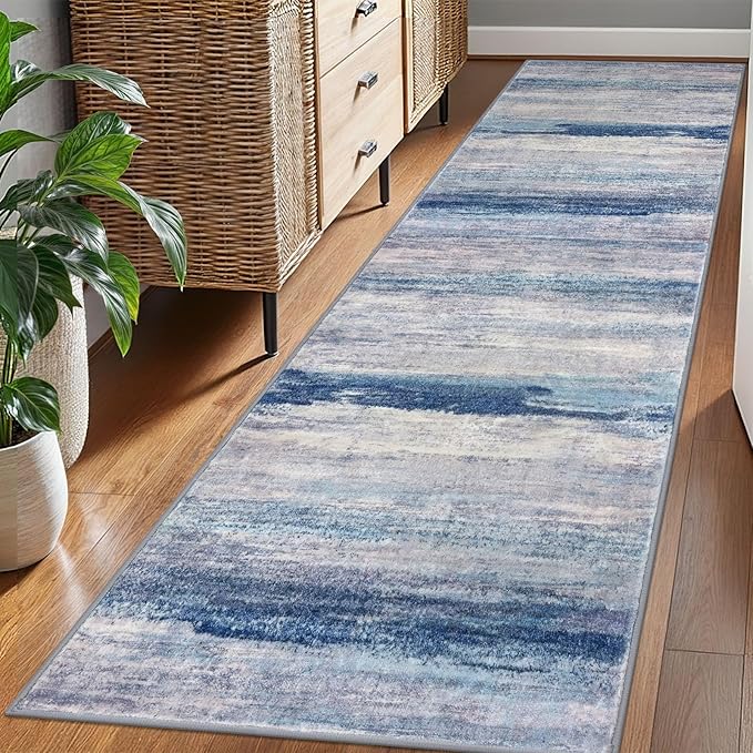 KOZYFLY Modern Abstract Hallway Runner Rug, 2.6x8 Washable Rug Runner Non-Slip Soft Striped Kitchen Runner Rugs, Print Blue/Grey/Beige Carpet Runner for Entryway Bathroom Laundry Room Foyer