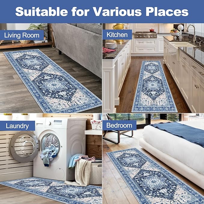 Yamaziot Washable Runner Rug, 2x6 Non-Slip Boho Vintage Hallway Rug Runner with Rubber Backing, Stain Resistant & Low Pile Faux Wool Distressed Carpet Runner for Kitchen, Laundry, Entrance, Blue