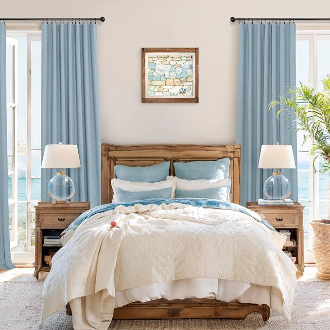 Light Blue Curtains for Bedroom 63 Inch Length 2 Panels Neutral Linen Textured Full Blackout Room Darkening Noise Reducing Curtain for Bay Window Kids Room Boys Nursery Dusty Slate Stone Blue 63 Long
