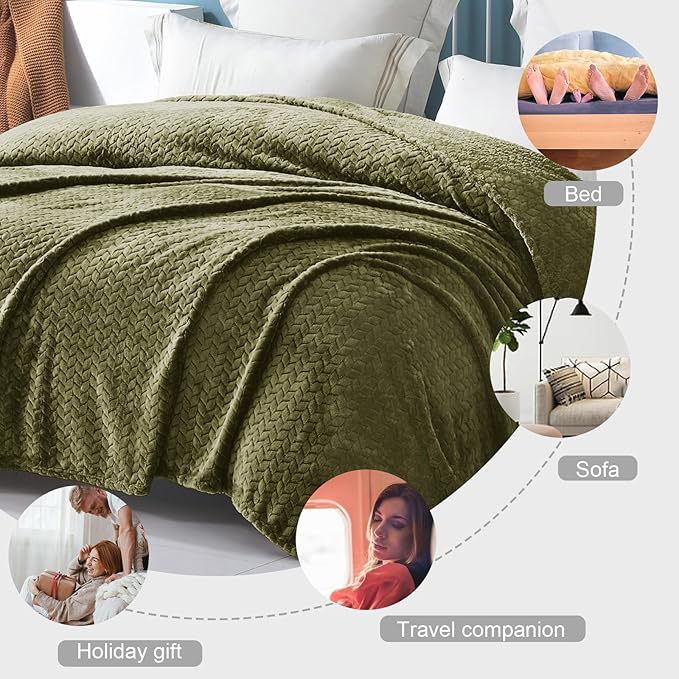 Exclusivo Mezcla Fleece Twin Size Blanket for Bed, 90x66 Inches Soft Cozy Jacquard Flannel Blankets, Lightweight Fuzzy Plush Warm for Women, Olive Green