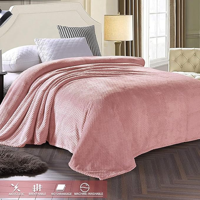 Exclusivo Mezcla Fleece Bed Blanket Queen Size, Super Soft and Warm Blankets for Couch, Sofa and Bed Waffle Textured, Cozy, Fuzzy and Lightweight (Dusty Pink, 90x90 Inches)