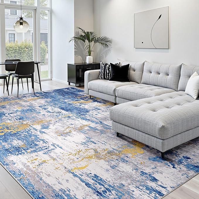 Washable Area Rugs Square 10ft Non-Slip Modern Abstract Soft for Living Room Entryway Bedroom Nursery, Print Pattern, Grey Blue Gold/Golden