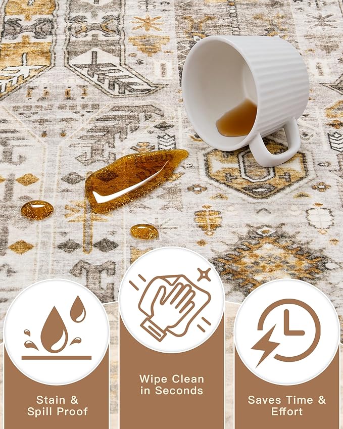 Madane Washable Runner Rug - 2x6 Rug Runners for Hallways 6 Feet Non Slip Vintage Kitchen Runner Rug Ultra-Thin Bathroom Runner Rugs Carpet Laundry Room Bedroom (2x6ft, Brown/Gold)