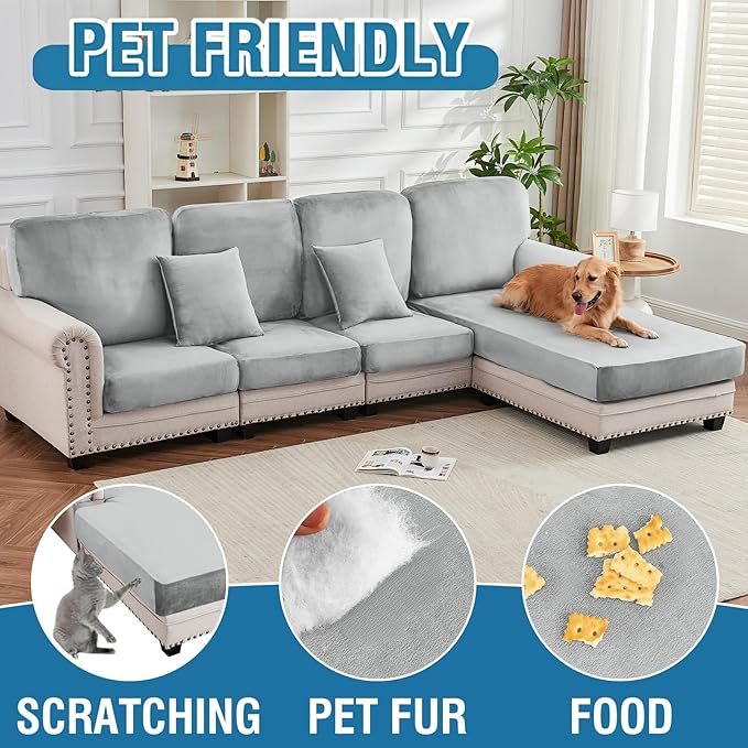 Couch Cover Stretch Velvet Sofa Cushion Cover 2-Piece - Elastic Washable Slipcover for Seat or Backrest, Couch Seat Covers for Sofas (Light Grey)
