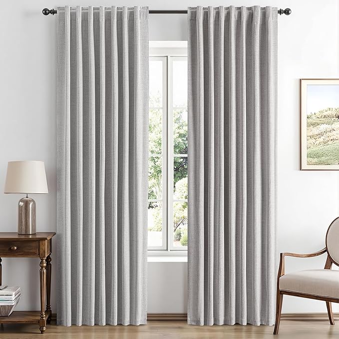 MIULEE 100% Blackout Linen Curtains for Bedroom, Greyish White Solid Luxury Decor Thermal Insulation Room Darkening Drapes for Living Room Nursery Back Tab Rod Pocket 42 x 63 Inches, 2 Panels
