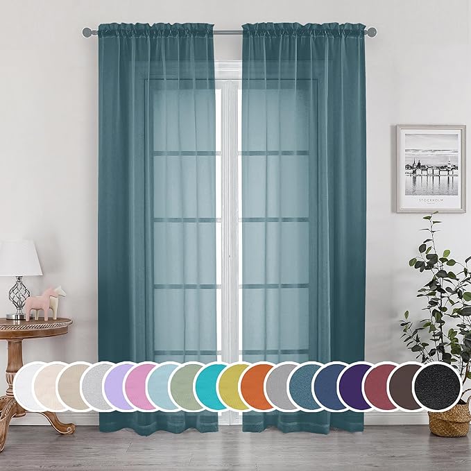 OWENIE Teal Sheer Curtains 84 inches Long 2 Panels Set, Light Filtering Rod Pocket Fimly Sheer Curtains with Soft Touch for Bedroom Living Room, Dusty Blue Farmhouse Curtains, Each 42Wx84L inch