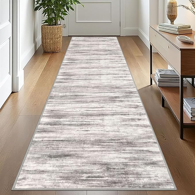 KOZYFLY Modern Abstract Washable Rug Runner 2.6x10 Hallway Rug Runner Non-Slip Soft Kitchen Runner Rugs, Grey/Light Beige/Brown Striped Carpet for Entryway Bathroom