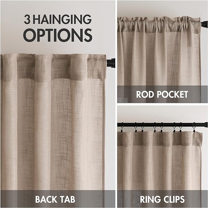 MIULEE Taupe Linen Curtains 84 Inch Length 2 Panels for Bedroom Living Room, Soft Thick Linen Textured Natural Window Drapes Semi Sheer Light Filtering Back Tab Rod Pocket Burlap Look Decor