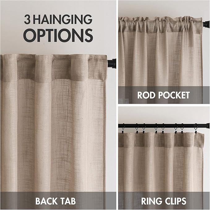 MIULEE Taupe Linen Curtains 96 Inch Long for Bedroom Living Room, Soft Thick Linen Textured Window Drapes Semi Sheer Light Filtering Back Tab Rod Pocket Burlap Look Farmhouse Country Decor, 2 Panels