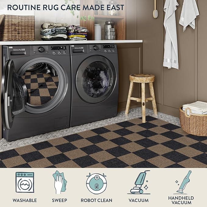 Lahome Colette Checkered Easy Jute 2x8 Runner Rug, Washable Kitchen Runner Rug Non Slip for Entryway Indoor, Checkerboard Black Indoor Outdoor Carpet for Hallway 8ft Entry Laundry Porch
