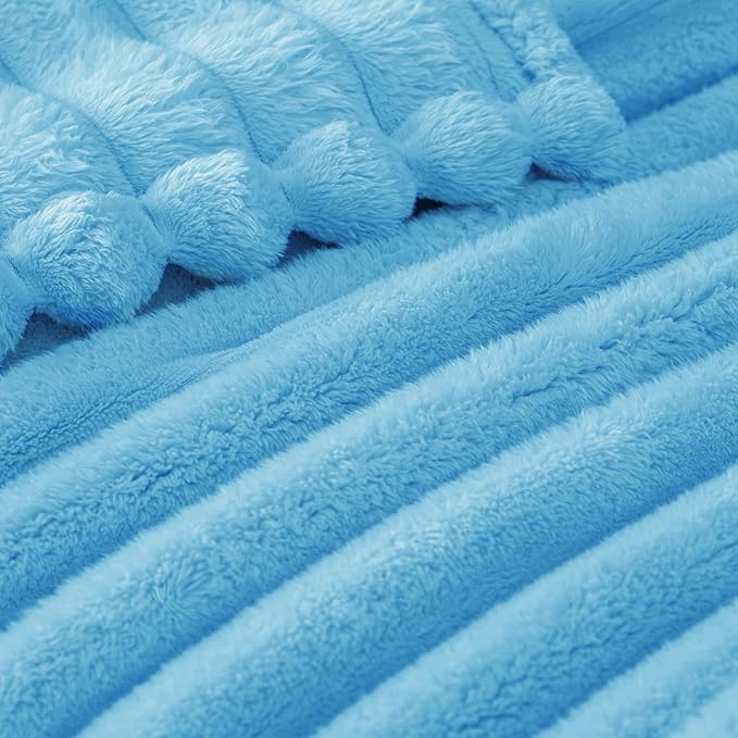 Exclusivo Mezcla King Size Flannel Fleece Blanket, Super Soft Striped Jacquard Bed Blanket, Lightweight Fuzzy Cozy for All Seasons, 90x104 Inches, Blue