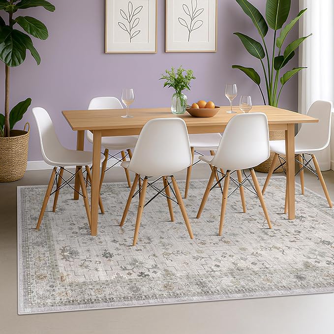 Hazo Haus Boho Light Grey Living Room Rug 6x9 - Modern Vintage Eclectic Floral Paste Neutral Taupe, Washable Low Pile Non-Slip Large Area Rugs for Dining Under Table Bedroom