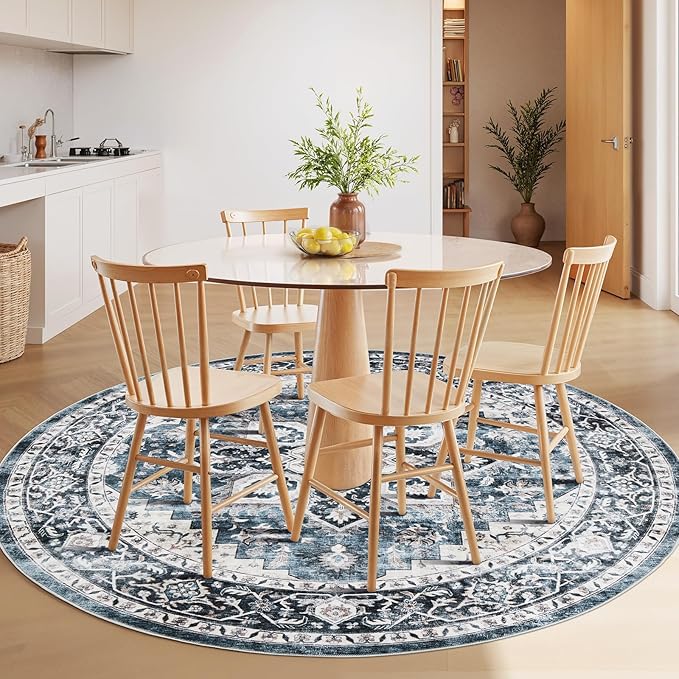 AMADA HOMEFURNISHING Round 4ft Area Rugs, Low-Profile Washable Rug with Non-Slip Backing & Durable Edge Binding, Vintage Rugs for Living Room, Bedroom, Dinning Room
