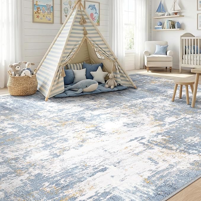 Washable Area Rugs 5'x7' Non-Slip Modern Abstract Soft for Living Room Entryway Bedroom Nursery, Print Pattern, Light Blue