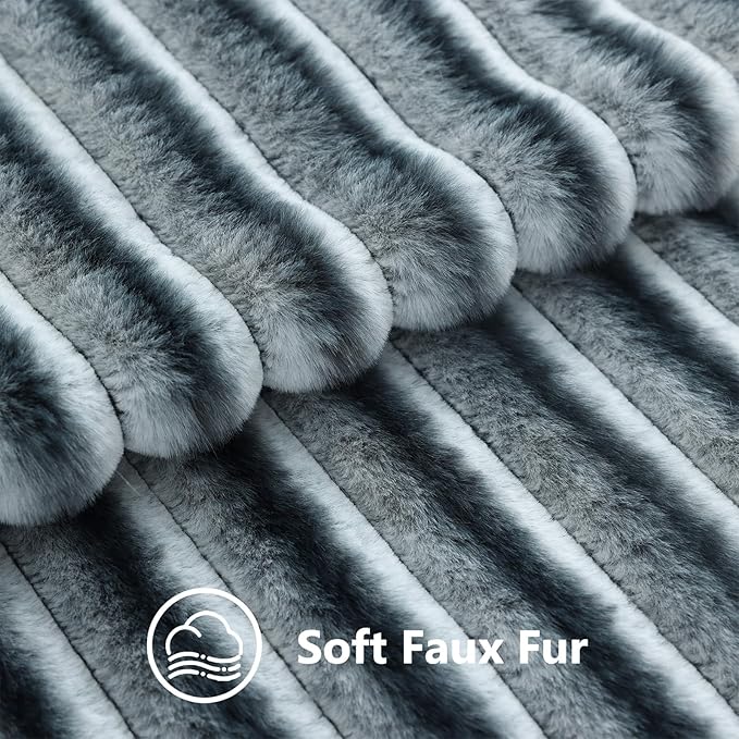 decorUhome Cozy Faux Fur Throw Pillow Covers 24x24 Set of 2 Decorative Soft Plush Striped Modern Farmhouse Boho Couch Euro Sham Pillow Cases with Velvet Back for Sofa Bed Living Room, Blue Grey