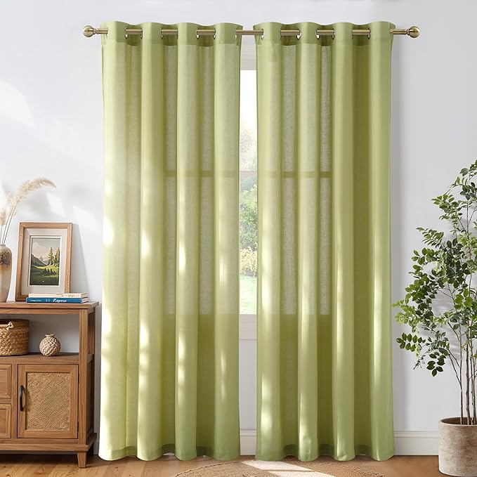 NICETOWN Fresh Green Linen Farmhouse Curtains 96 inches Long, Grommet Thick Flax Semi Sheer Window Treatments Privacy Assured with Light Filtering for Bedroom, W55 x L96, 2 Panels