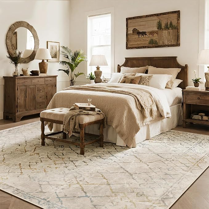 Washable Rugs 8x10 Area Rugs for Living Room,Bedroom,Dining Room- Large Ultra Soft Faux Wool Retro Carpet,Non Slip&Non-Shedding Low Pile Morocco Rug for Home Office Dorm Decor(Camel-Blue-Orange)