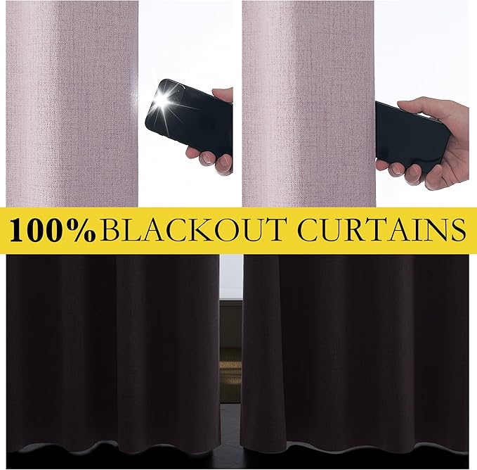 NICETOWN Pink Vintage Linen 100% Blackout Curtains for Living Room, Thermal Insulated Curtains 102" Long, Noise Reducing Window Treatment Drapes for Hall Room, 52" Wide Per Panel, Set of 2