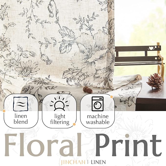 jinchan Linen Floral Curtains 96 Inch Length for Living Room Bedroom Light Filtering Farmhouse Peony Flower Drapes Rustic Window Curtain Set Rod Pocket Back Tab 2 Panels Black