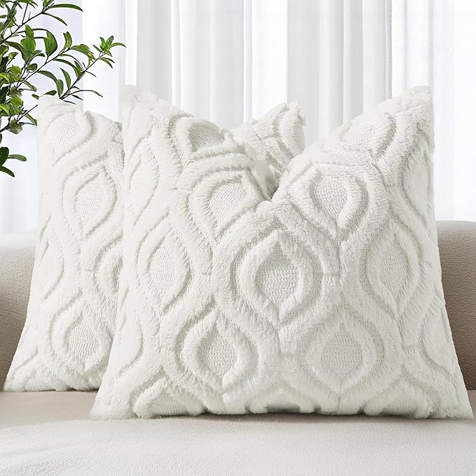 decorUhome Throw Pillow Covers 22x22 Inch Set of 2, Soft Plush Faux Wool Cream White Solid Couch Pillow Covers, Accent Euro Sham Farmhouse Neutral Square Pillow Cases for Sofa Bed Living Room