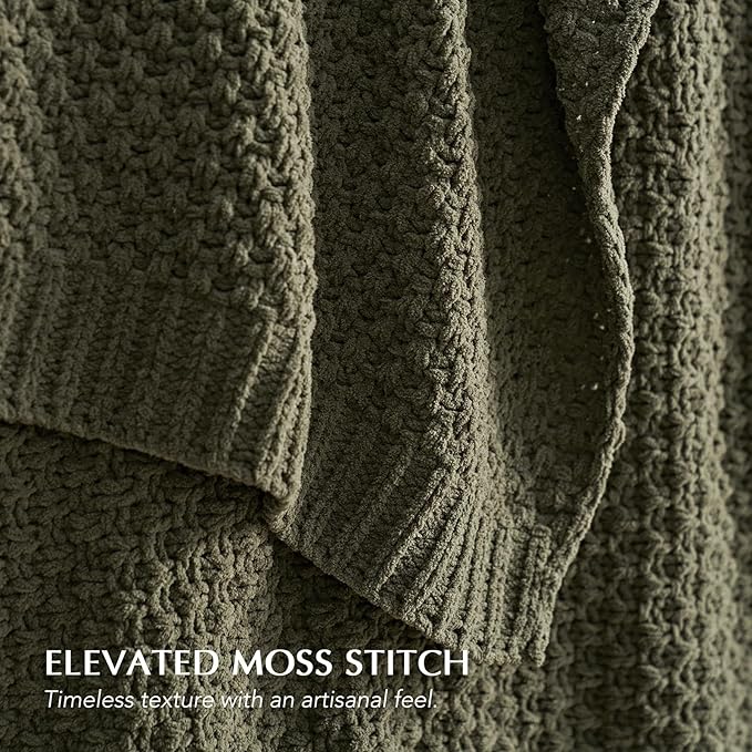 EVERGRACEHOME Chunky Chenille Knit Throw Blanket for Couch, Soft Luxurious Moss Stitch Blankets for Bed, Cozy Decorative Farmhouse Knitted Throws for Sofa, Olive Green, 60" x 80"