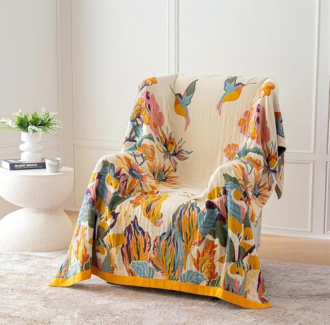 MSGKV Boho Throw Blanket King Size 108" x90'' Cotton Blanket for Bed Spring Decoractive Breathable Throw Blankets Quilt Living Room