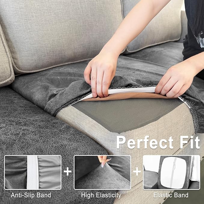 Leather Look Couch Cushion Covers Sofa Seat Slipcovers Sets Couches Furniture Protector for Sectional Armchair Loveseat Pets Kids Stretch Spandex Fabric (2 Cushion Loveseat, Light Grey)