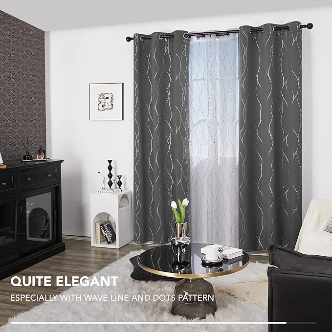 Deconovo Blackout Curtain, Grey Curtains, Thermal Insulated Soundproof Grommet Drapes, Silver Wave Dots Foil Print, 42 x 84 Inch, 2 Panels, Machine Washable Window Panel for Living Room Bedroom Office